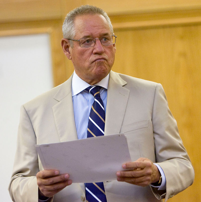 POOL PHOTO    Al Hartmann  | The Salt Lake Tribune  
Defense attorney Stephen McCaughey for Roberto Roman questions a witness in Judge  Donald J. Eyre's Fourth District Court in Fillmore on Tuesday July 27ty.